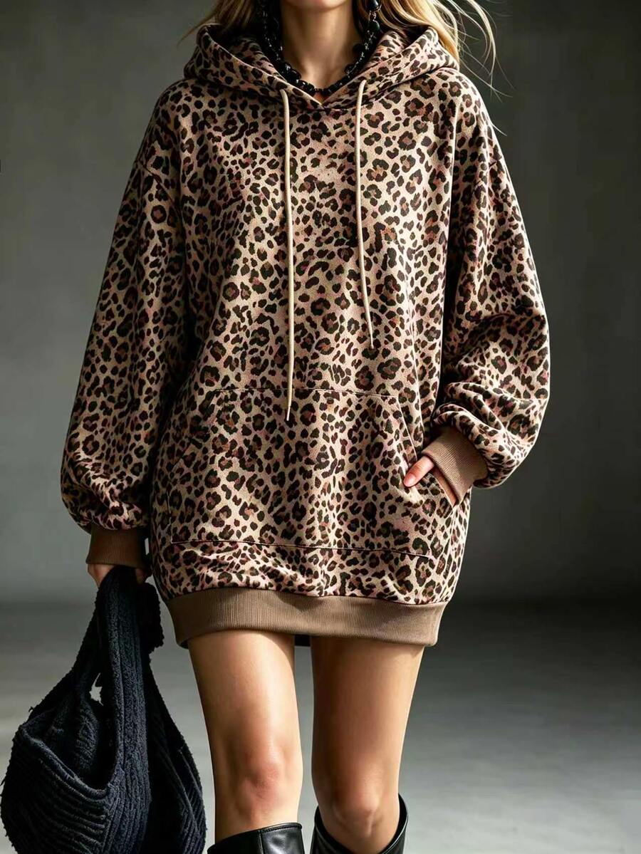 Omancia Autumn/Winter American Retro All-Over Leopard Print Hooded Sweatshirt For Women, Loose Oversize Drop Shoulder Drawstring Double Pockets Hip-Covering Mid-Length Sweatshirt Dress - Multicolor - View 1