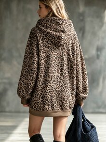 Omancia Autumn/Winter American Retro All-Over Leopard Print Hooded Sweatshirt For Women, Loose Oversize Drop Shoulder Drawstring Double Pockets Hip-Covering Mid-Length Sweatshirt Dress - Multicolor - View 2