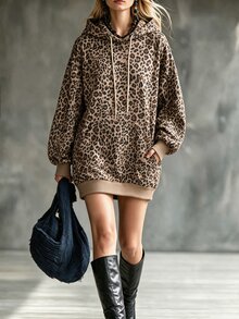 Omancia Autumn/Winter American Retro All-Over Leopard Print Hooded Sweatshirt For Women, Loose Oversize Drop Shoulder Drawstring Double Pockets Hip-Covering Mid-Length Sweatshirt Dress - Multicolor - View 5