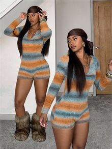 StreetHx Women's Casual Versatile Home Daily Commute Autumn/Winter Gradient Color Knit Jumpsuit - Multicolor - View 4