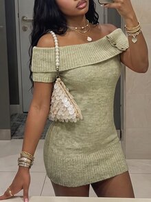 Fiercella Fiercella Women's Sage Green Sexy Elegant Cold Shoulder Daily Commute Date Night Out Brunch Going Out Street Style Summer/Winter Sweater Dress - Green - View 9