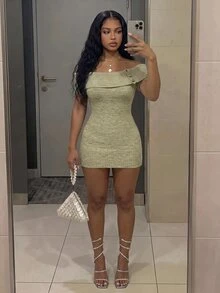 Fiercella Fiercella Women's Sage Green Sexy Elegant Cold Shoulder Daily Commute Date Night Out Brunch Going Out Street Style Summer/Winter Sweater Dress - Green - View 2