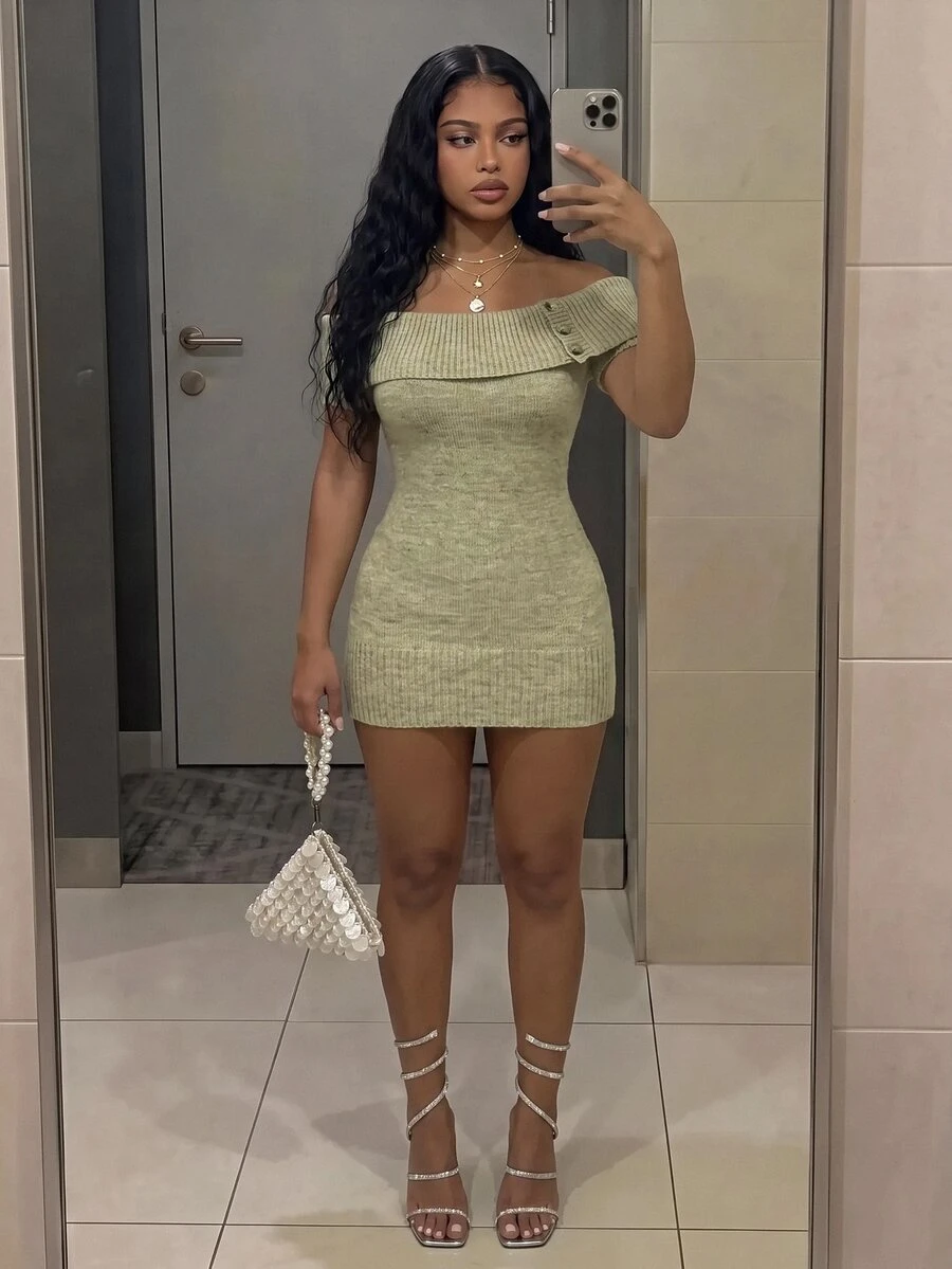 Fiercella Fiercella Women's Sage Green Sexy Elegant Cold Shoulder Daily Commute Date Night Out Brunch Going Out Street Style Summer/Winter Sweater Dress