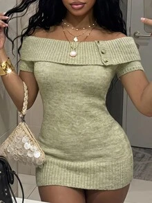 Fiercella Fiercella Women's Sage Green Sexy Elegant Cold Shoulder Daily Commute Date Night Out Brunch Going Out Street Style Summer/Winter Sweater Dress - Green - View 7