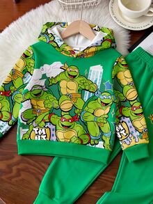 TEENAGE MUTANT NINJA TURTLES | SHEIN Teen MUTANT TURTLES 2件組小男孩連帽長袖衛衣刷毛運動衫與配套長褲套裝，適合秋冬穿著 - 彩色 - 查看 4