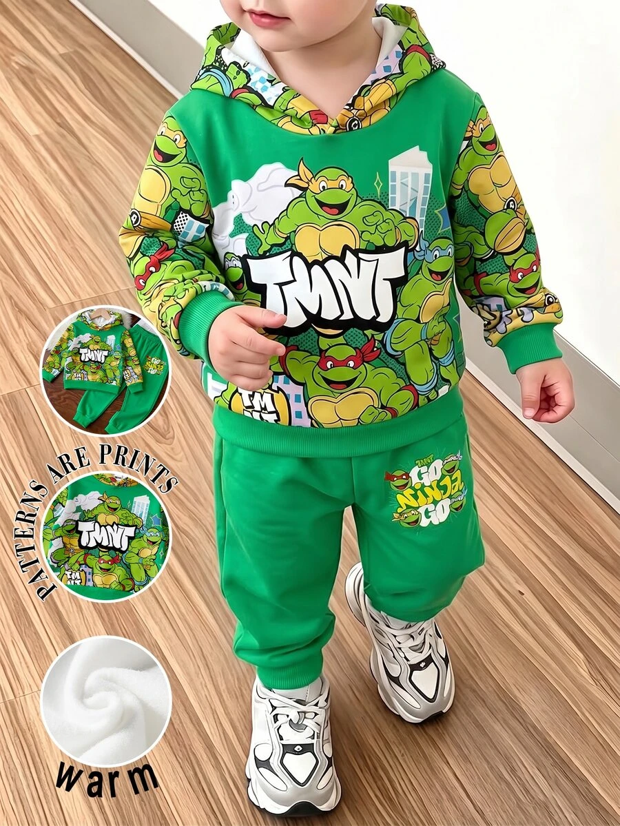 TEENAGE MUTANT NINJA TURTLES | SHEIN Teen MUTANT TURTLES 2件組小男孩連帽長袖衛衣刷毛運動衫與配套長褲套裝,適合秋冬穿著 - 彩色 - 查看 1