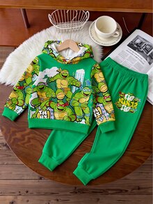 TEENAGE MUTANT NINJA TURTLES | SHEIN Teen MUTANT TURTLES 2件組小男孩連帽長袖衛衣刷毛運動衫與配套長褲套裝，適合秋冬穿著 - 彩色 - 查看 3