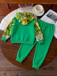 TEENAGE MUTANT NINJA TURTLES | SHEIN Teen MUTANT TURTLES 2件組小男孩連帽長袖衛衣刷毛運動衫與配套長褲套裝，適合秋冬穿著 - 彩色 - 查看 2