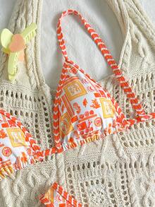 SHEIN Swim 2pcs/Set Women Summer Multicolor Random Print Spaghetti Strap Bikini Top & High Cut Bikini Bottom - Multicolor - View 3