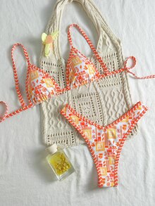 SHEIN Swim 2pcs/Set Women Summer Multicolor Random Print Spaghetti Strap Bikini Top & High Cut Bikini Bottom - Multicolor - View 1