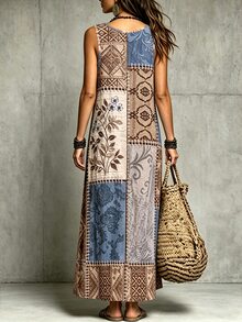 Glimmora Gaun Tanpa Lengan Bertali Tipis Motif Retro Patchwork untuk Wanita, Gaya Bohemian, Longgar, Bahan Linen, Cocok untuk Liburan, Gaun Panjang yang Menawan - Biru - View 3