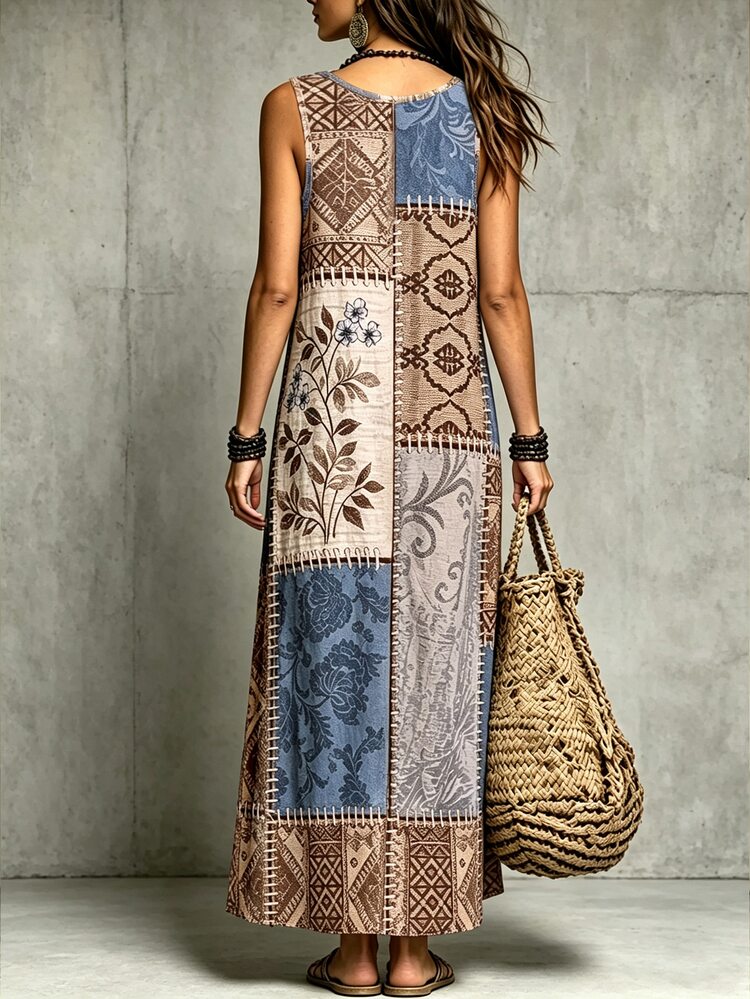 Glimmora Gaun Tanpa Lengan Bertali Tipis Motif Retro Patchwork untuk Wanita, Gaya Bohemian, Longgar, Bahan Linen, Cocok untuk Liburan, Gaun Panjang yang Menawan - Biru - View 3