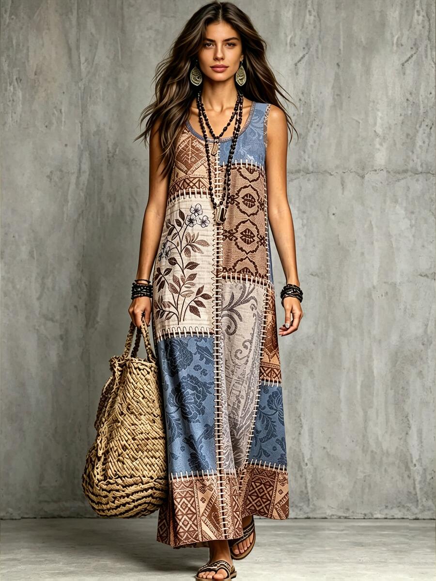 Glimmora Gaun Tanpa Lengan Bertali Tipis Motif Retro Patchwork untuk Wanita, Gaya Bohemian, Longgar, Bahan Linen, Cocok untuk Liburan, Gaun Panjang yang Menawan - Biru - View 1