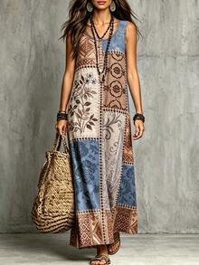Glimmora Gaun Tanpa Lengan Bertali Tipis Motif Retro Patchwork untuk Wanita, Gaya Bohemian, Longgar, Bahan Linen, Cocok untuk Liburan, Gaun Panjang yang Menawan - Biru - View 4