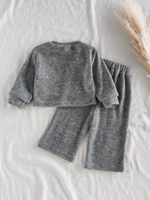 Vintaside Kids SHEIN 幼兒女童 2 件套服裝，柔軟羅紋套頭上衣與寬腿長褲，附縫線細節，嬰兒冬季舒適款 - 彩色 - 查看 2