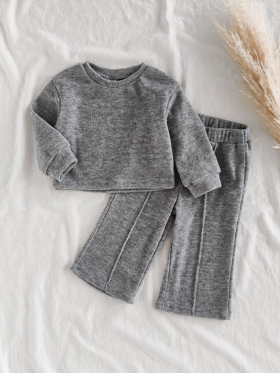 Vintaside Kids SHEIN 幼兒女童 2 件套服裝,柔軟羅紋套頭上衣與寬腿長褲,附縫線細節,嬰兒冬季舒適款 - 彩色 - 查看 1