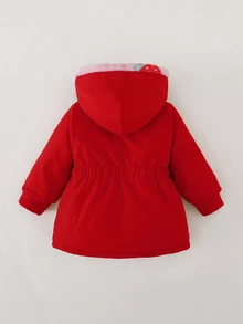 SHEIN 女嬰可愛草莓可翻面連帽夾克 冬季加厚抓絨外套 收腰設計 - 彩色 - 查看 3