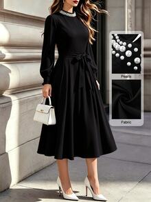 Velvienne Versatile Premium Heavy Beaded Elegant Plus Size Women's Dress Autumn Wedding Party Dinner Black - Black - View 1
