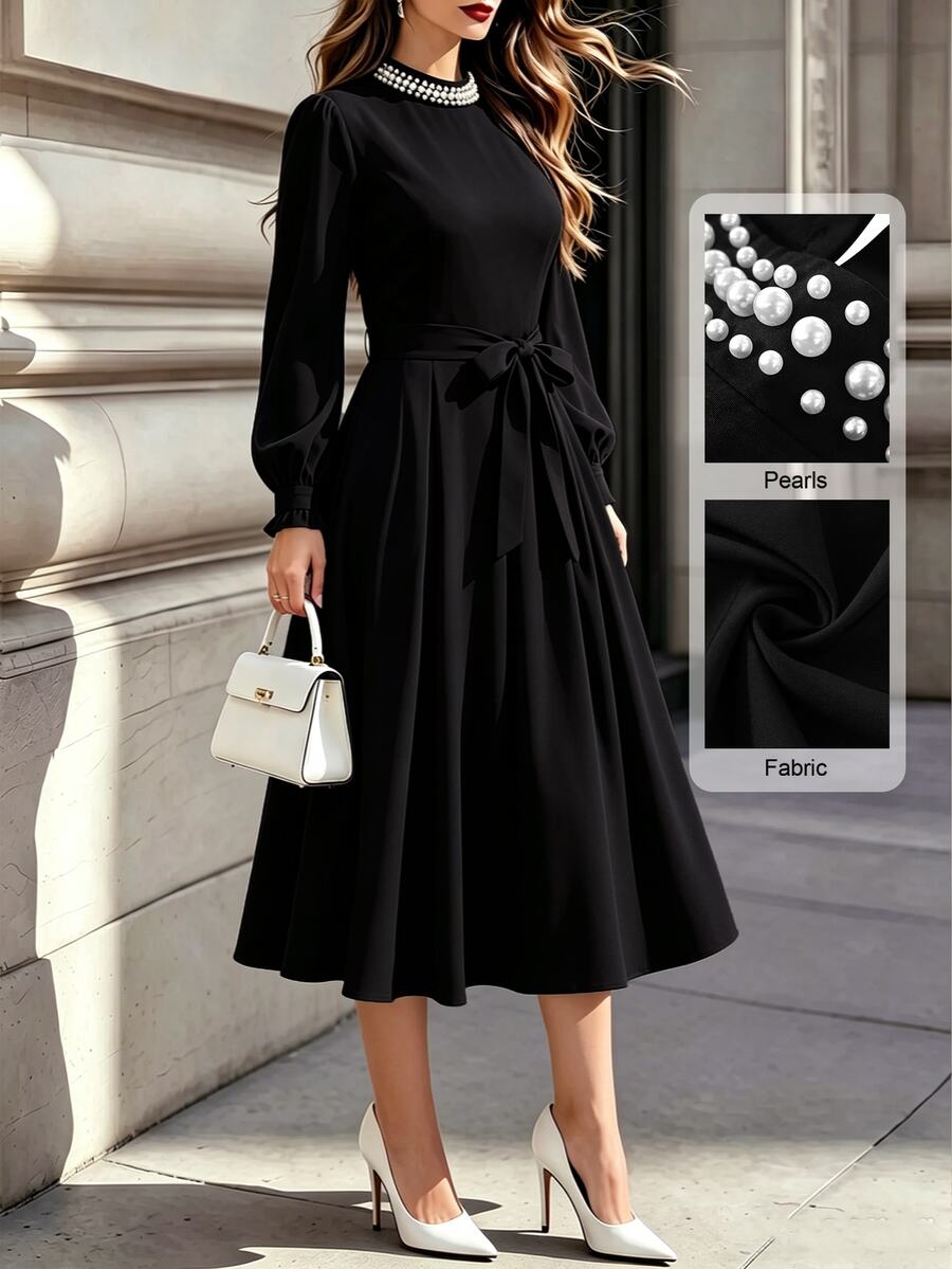 Velvienne Versatile Premium Heavy Beaded Elegant Plus Size Women's Dress Autumn Wedding Party Dinner Black - Black - View 1