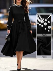 Velvienne Versatile Premium Heavy Beaded Elegant Plus Size Women's Dress Autumn Wedding Party Dinner Black - Black - View 3