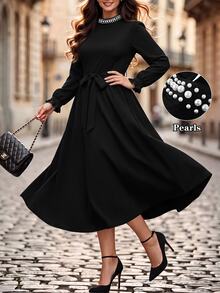 Velvienne Versatile Premium Heavy Beaded Elegant Plus Size Women's Dress Autumn Wedding Party Dinner Black - Black - View 9