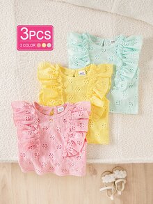 SHEIN Playful Pals 3件組彩色心形條紋印花荷葉邊圓領套頭T恤上衣，舒適柔軟休閒可愛春夏季新款 - 彩色 - 查看 5
