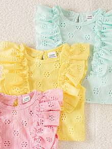 SHEIN Playful Pals 3件組彩色心形條紋印花荷葉邊圓領套頭T恤上衣，舒適柔軟休閒可愛春夏季新款 - 彩色 - 查看 4