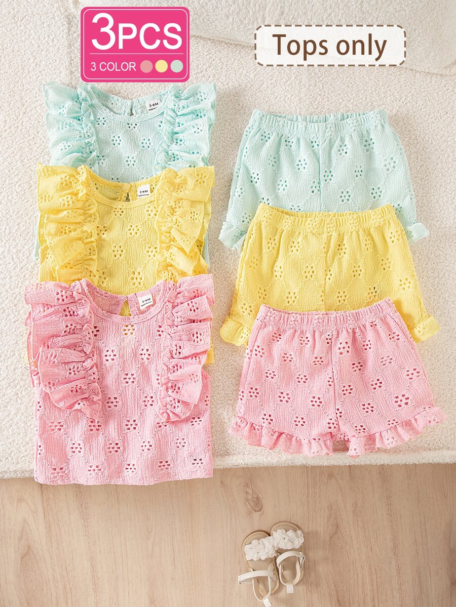 SHEIN Playful Pals 3件組彩色心形條紋印花荷葉邊圓領套頭T恤上衣，舒適柔軟休閒可愛春夏季新款 - 彩色 - 查看 1