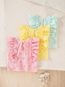 SHEIN Playful Pals 3件組彩色心形條紋印花荷葉邊圓領套頭T恤上衣，舒適柔軟休閒可愛春夏季新款 - 彩色 - 查看 2