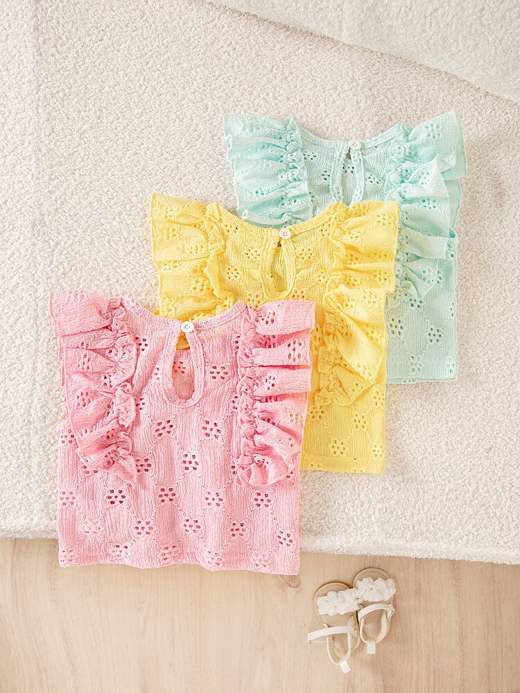 SHEIN Playful Pals Three-Piece Set Baby Girls Tops, Green Yellow And Pink Heart-Shaped Stripe Print, Scalloped Hem, Comfortable, Soft, Casual, Cute,And Summer New Style - Multicolor - View 2