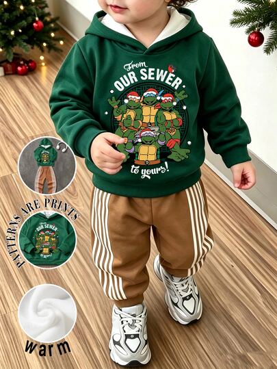 TEENAGE MUTANT NINJA TURTLES | SHEIN Jungen Cartoon Muster Hoodie und Jogginghose Set Grün Weiß Winter