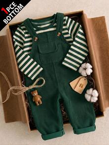 SHEIN Baby Boy Solid Color Pocket Design Wide Leg Casual Bib Overalls - Dark Green - View 1