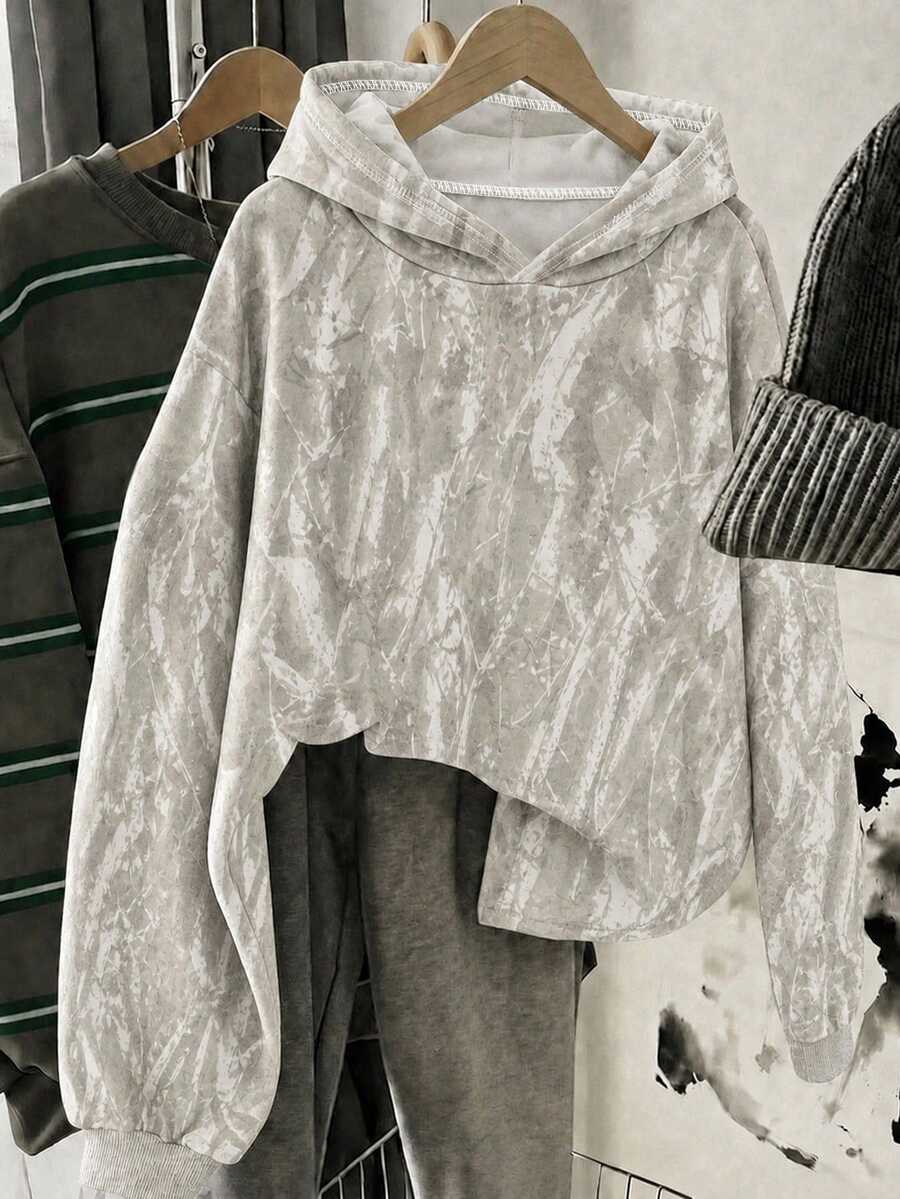 SHEIN 青少年女孩迷彩抓絨內裡運動衫，秋冬穿搭，針織，寬鬆，街頭運動休閒風，長袖，紮染灰色