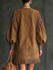 LUMIGAL Women's Round Neck Tassel Lantern Sleeve Long Sleeve Suede Velvet Short Dress - Brown - View 2