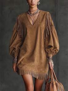 LUMIGAL Women's Round Neck Tassel Lantern Sleeve Long Sleeve Suede Velvet Short Dress - Brown - View 3