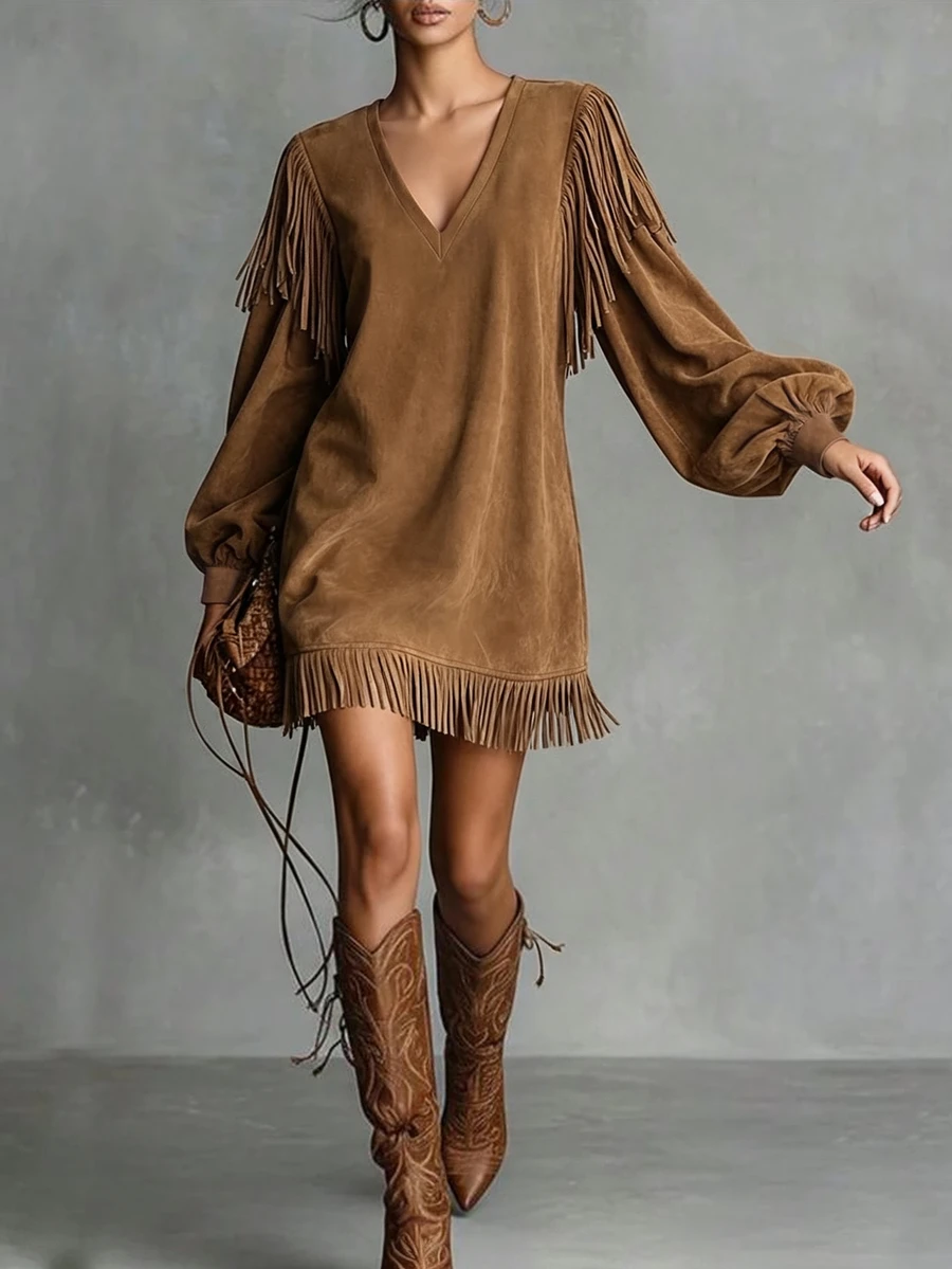 LUMIGAL Women's Round Neck Tassel Lantern Sleeve Long Sleeve Suede Velvet Short Dress - Brown - View 1
