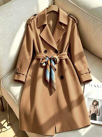 EMERY ROSE Plus Size Women's 2026 Fall Camel Double-Breasted Long Loose English Style Elegant Smart Business Casual Trench Coat Office Working Club