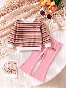 Baby Girl Sweatshirt Set Striped Top + Pink Pants, Contrast Ribbed Casual Sweatshirt Fabric. Light Pink Flared Sweatpants - Multicolor - View 3