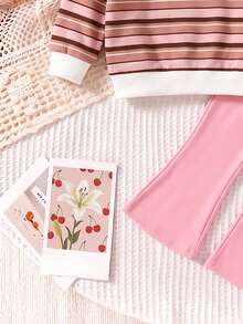 Baby Girl Sweatshirt Set Striped Top + Pink Pants, Contrast Ribbed Casual Sweatshirt Fabric. Light Pink Flared Sweatpants - Multicolor - View 5