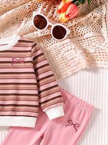 Baby Girl Sweatshirt Set Striped Top + Pink Pants, Contrast Ribbed Casual Sweatshirt Fabric. Light Pink Flared Sweatpants - Multicolor - View 4