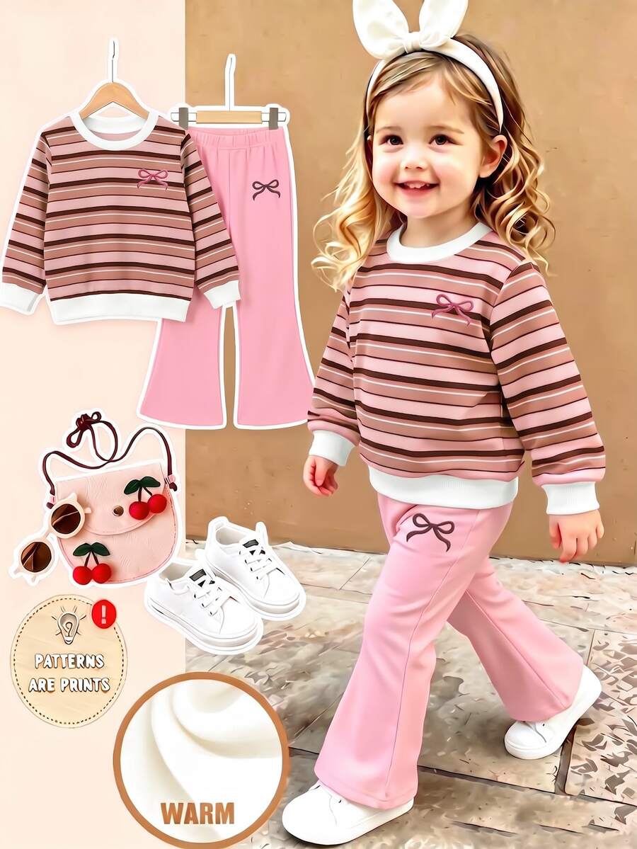 Baby Girl Sweatshirt Set Striped Top + Pink Pants, Contrast Ribbed Casual Sweatshirt Fabric. Light Pink Flared Sweatpants - Multicolor - View 1