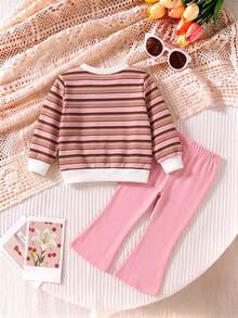 Baby Girl Sweatshirt Set Striped Top + Pink Pants, Contrast Ribbed Casual Sweatshirt Fabric. Light Pink Flared Sweatpants - Multicolor - View 2