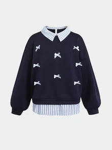 SHEIN Sweatshirt lengan panjang motif garis-garis biru dongker untuk remaja putri. - Navy Blue - View 3
