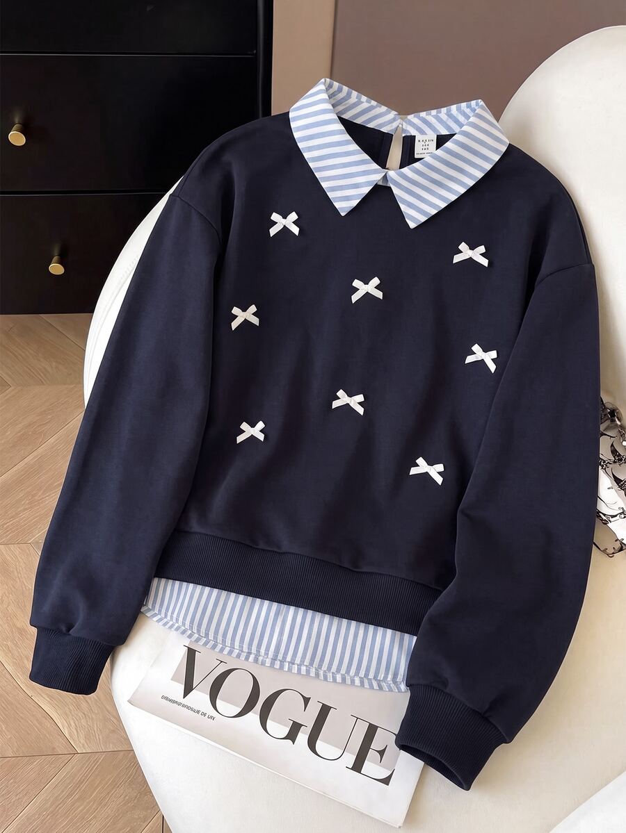 SHEIN Kids Tween Girls Navy Blue Striped Color Block Shirt Collar Bow Decor Long Sleeve Autumn Sweatshirt - Navy Blue - View 1