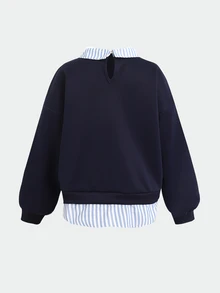 SHEIN Sweatshirt lengan panjang motif garis-garis biru dongker untuk remaja putri. - Navy Blue - View 4