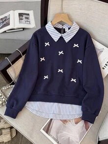 SHEIN Sweatshirt lengan panjang motif garis-garis biru dongker untuk remaja putri. - Navy Blue - View 1