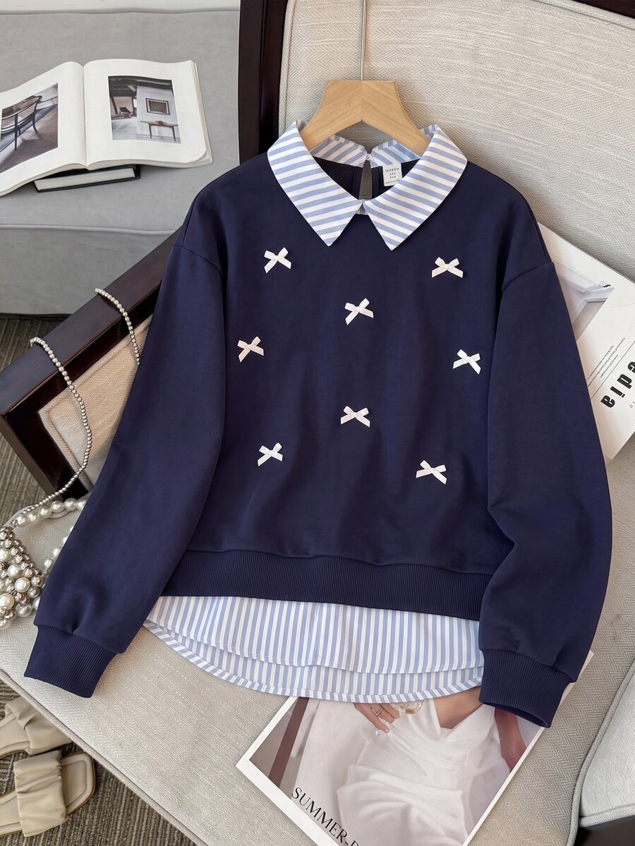 SHEIN Sweatshirt lengan panjang motif garis-garis biru dongker untuk remaja putri. - Navy Blue - View 1