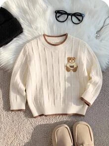 SHEIN 男嬰秋冬休閒拼色滾邊熊刺繡針織衫 - 彩色 - 查看 8