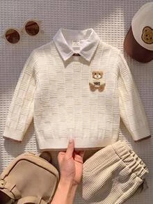 SHEIN 男嬰秋冬休閒拼色滾邊熊刺繡針織衫 - 彩色 - 查看 1
