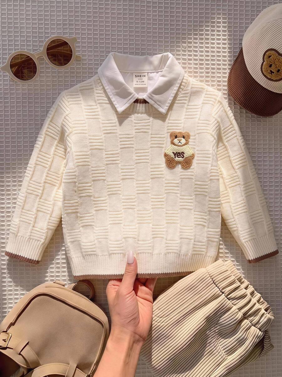 SHEIN 男嬰秋冬休閒拼色滾邊熊刺繡針織衫 - 彩色 - 查看 1